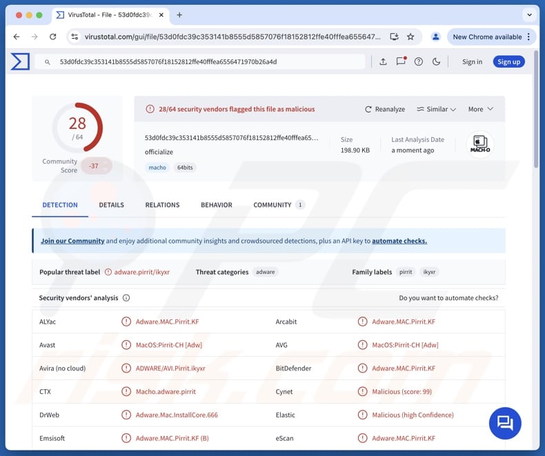 Officialize.app adware detections on VirusTotal