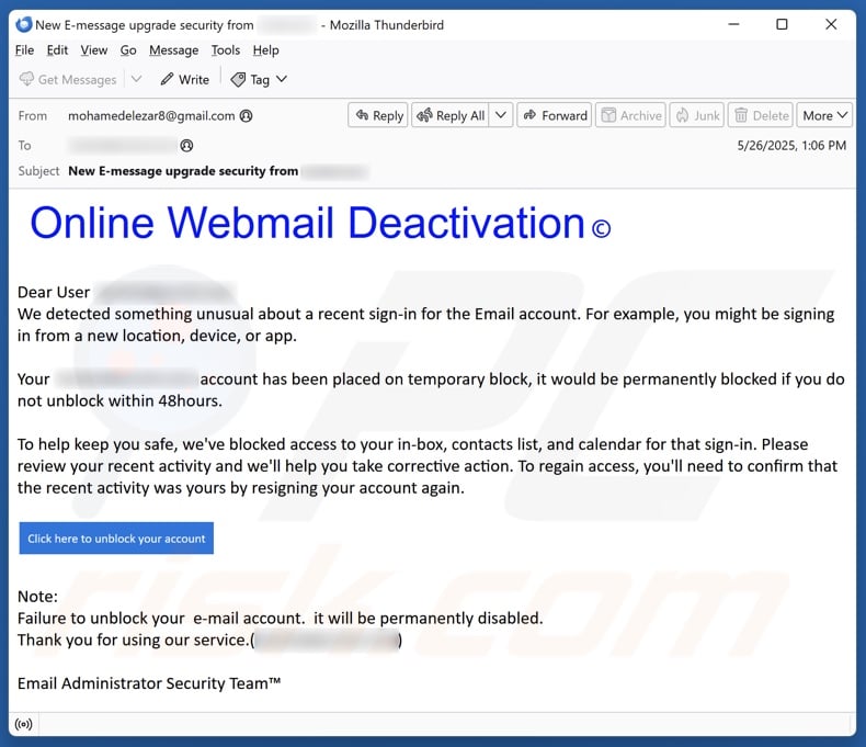 Online Webmail Deactivation email spam campaign