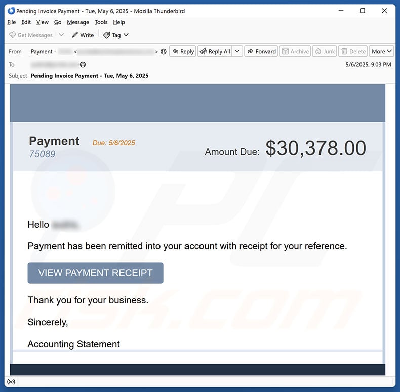 Payment Has Been Remitted Into Your Account malspam
