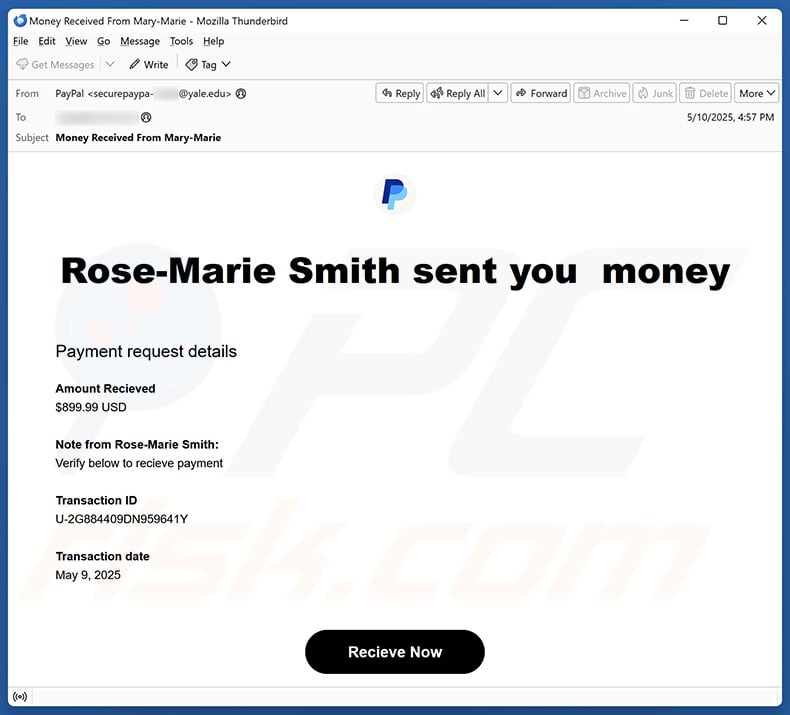 PayPal - Money Received email spam campaign