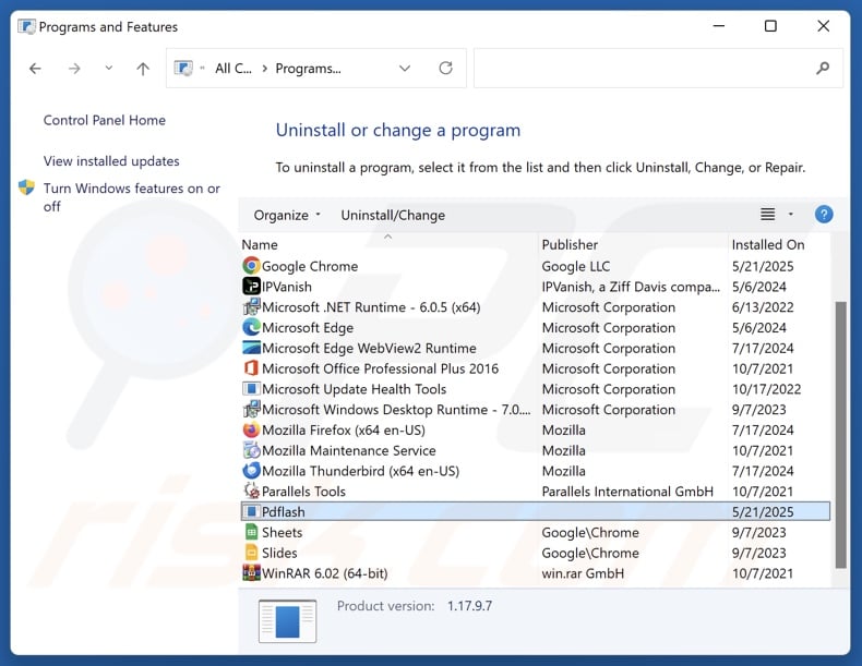 Pdflash uninstall via Control Panel
