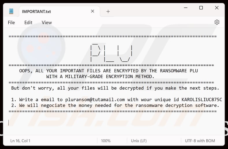 PLU ransomware text file (IMPORTANT.txt)