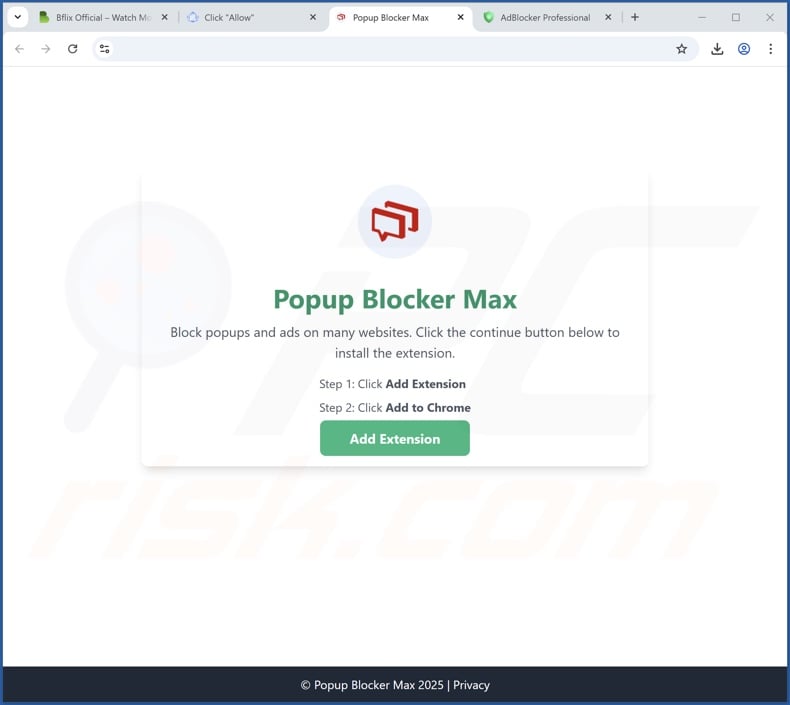 Website promoting Popup Blocker Max adware