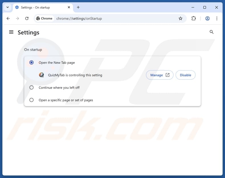 Removing quizmytab.com from Google Chrome homepage