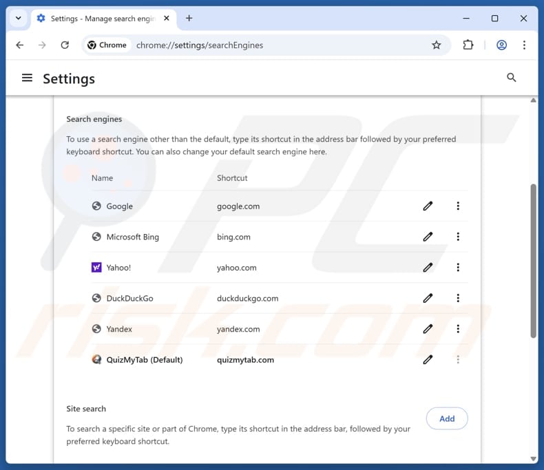 Removing quizmytab.com from Google Chrome default search engine