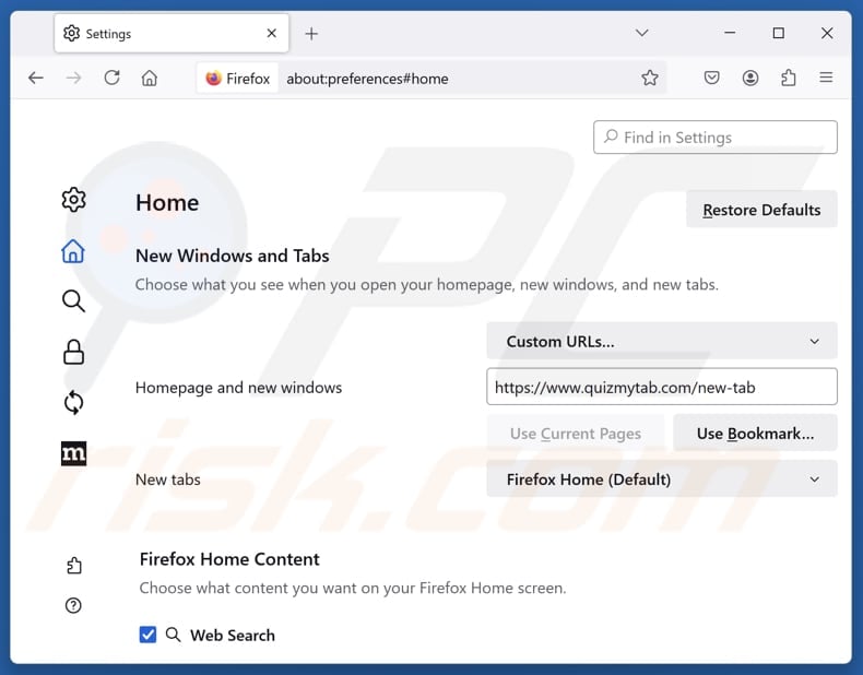 Removing quizmytab.com from Mozilla Firefox homepage