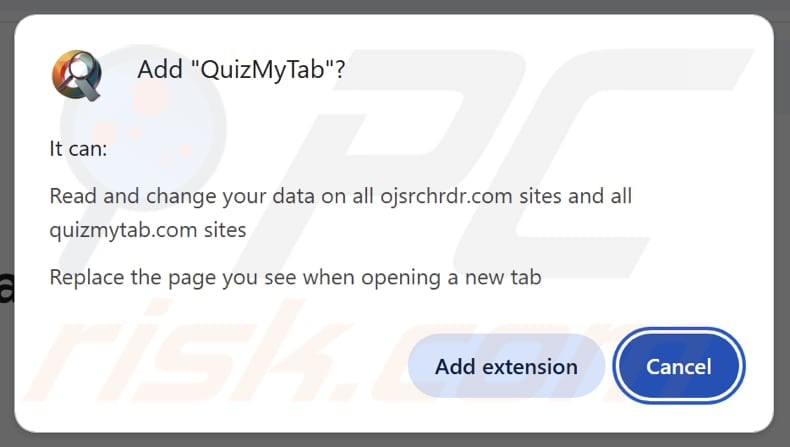 QuizMyTab browser hijacker asking for permissions