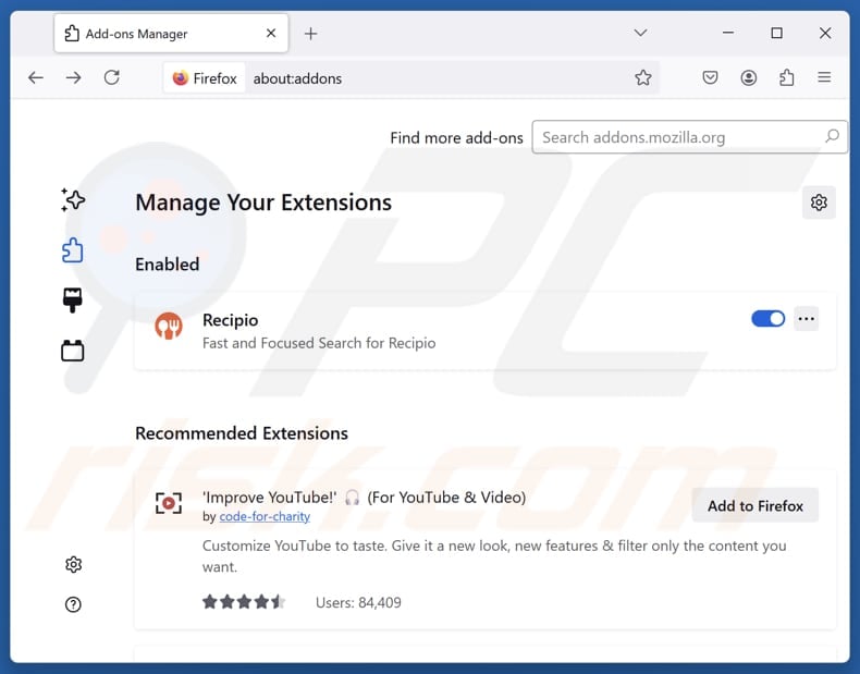 Removing Recipio ads from Mozilla Firefox step 2