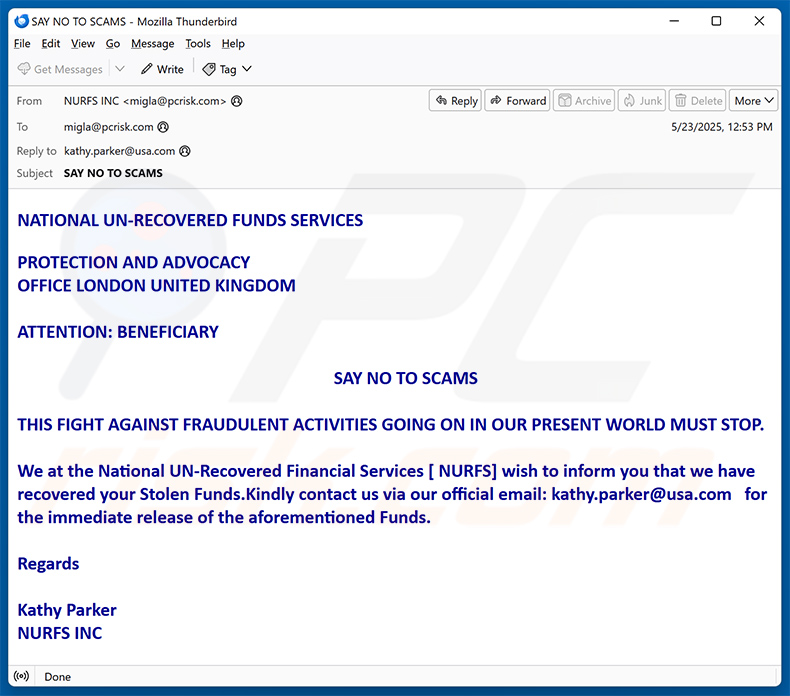 Recovered Stolen Funds email scam (2025-05-29)