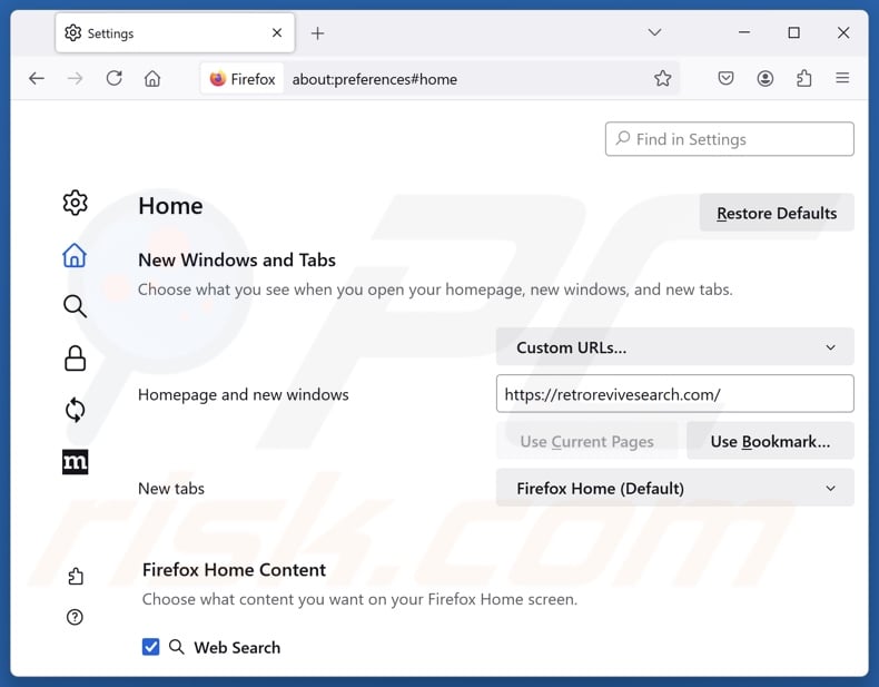 Removing retrorevivesearch.com from Mozilla Firefox homepage