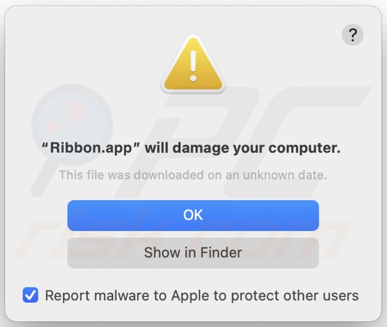 Pop-up displayed when Ribbon.app adware is detected on the system