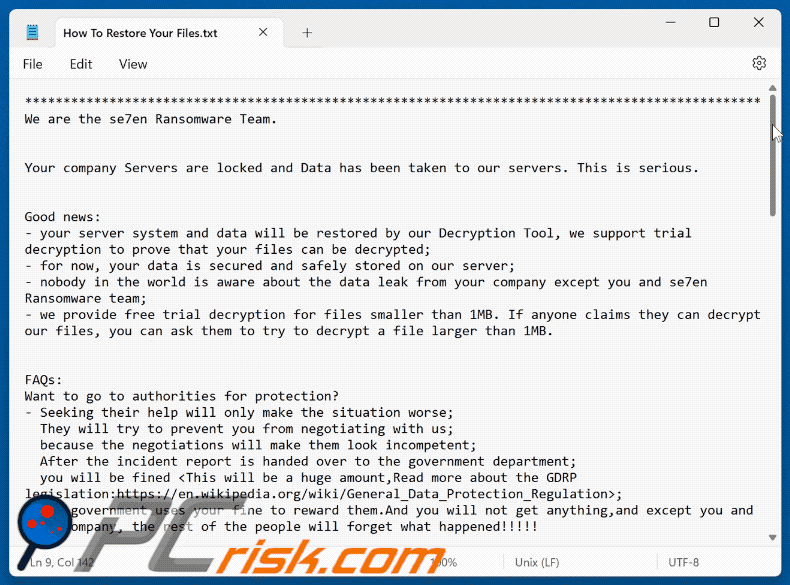 Se7en ransomware text file (How To Restore Your Files.txt)