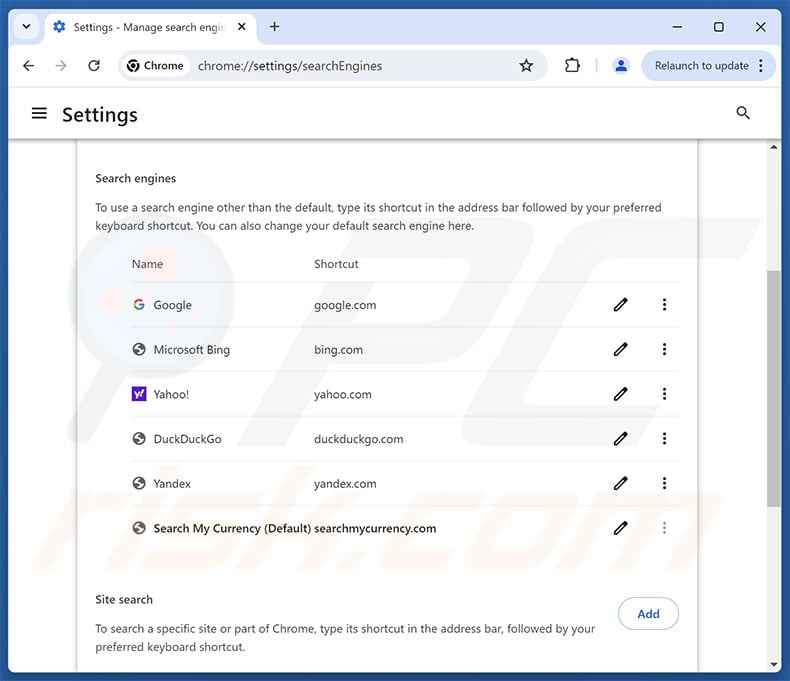 Removing searchmycurrency.com from Google Chrome default search engine