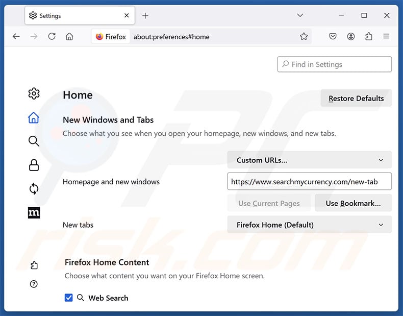 Removing searchmycurrency.com from Mozilla Firefox homepage