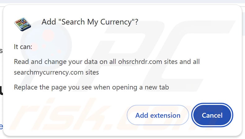 Search My Currency browser hijacker asking for permissions