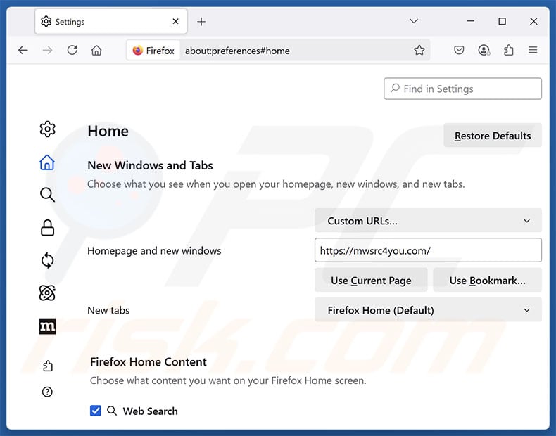 Removing mwsrc4you.com from Mozilla Firefox homepage