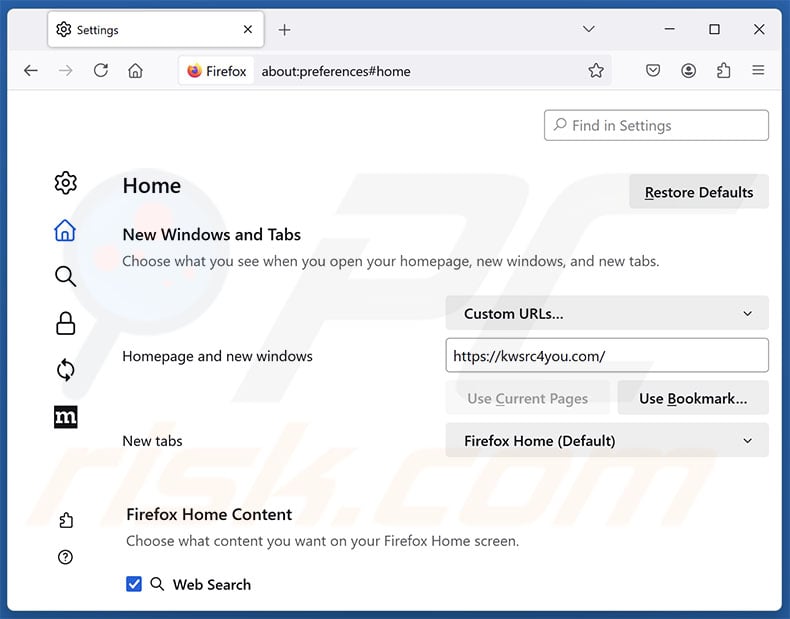 Removing kwsrc4you.com from Mozilla Firefox homepage