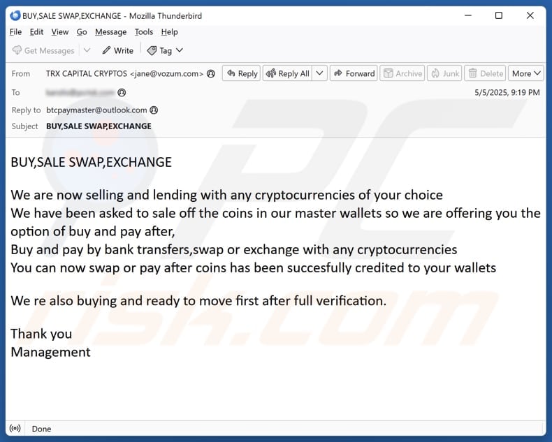 Selling And Lending Cryptocurrencies email spam campaign