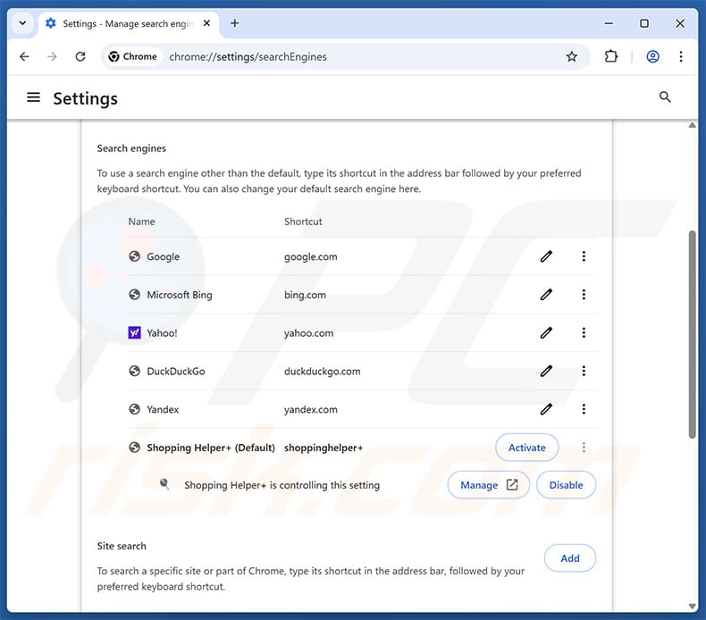 Removing ocsrchrdr.com from Google Chrome default search engine