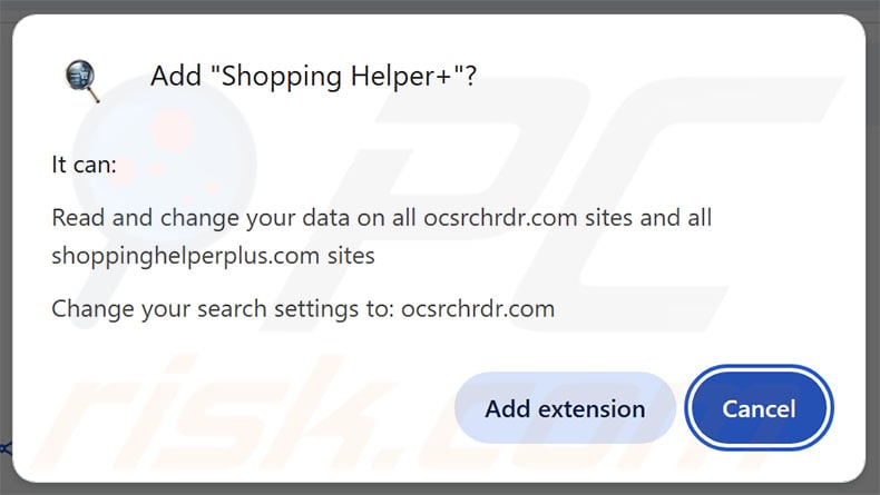 Shopping Helper+ browser hijacker asking for permissions