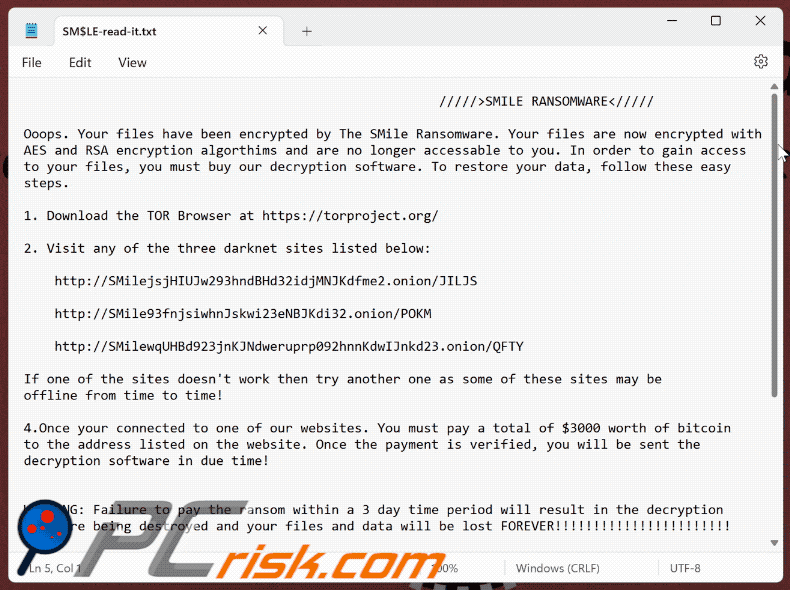 Smile ransomware ransom note (SM$LE-read-it.txt)