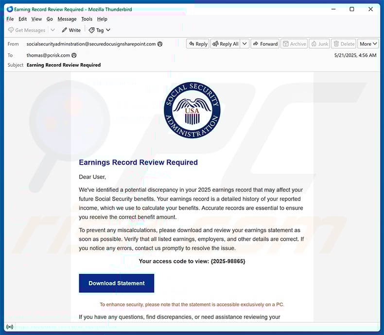 Social Security Administration Email Scam (2025-05-27)