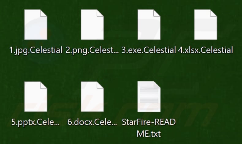 Files encrypted by StarFire ransomware (.Celestial extension)