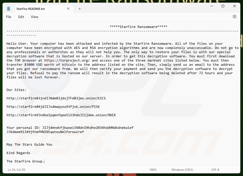 StarFire ransomware ransom note (StarFire-README.txt)