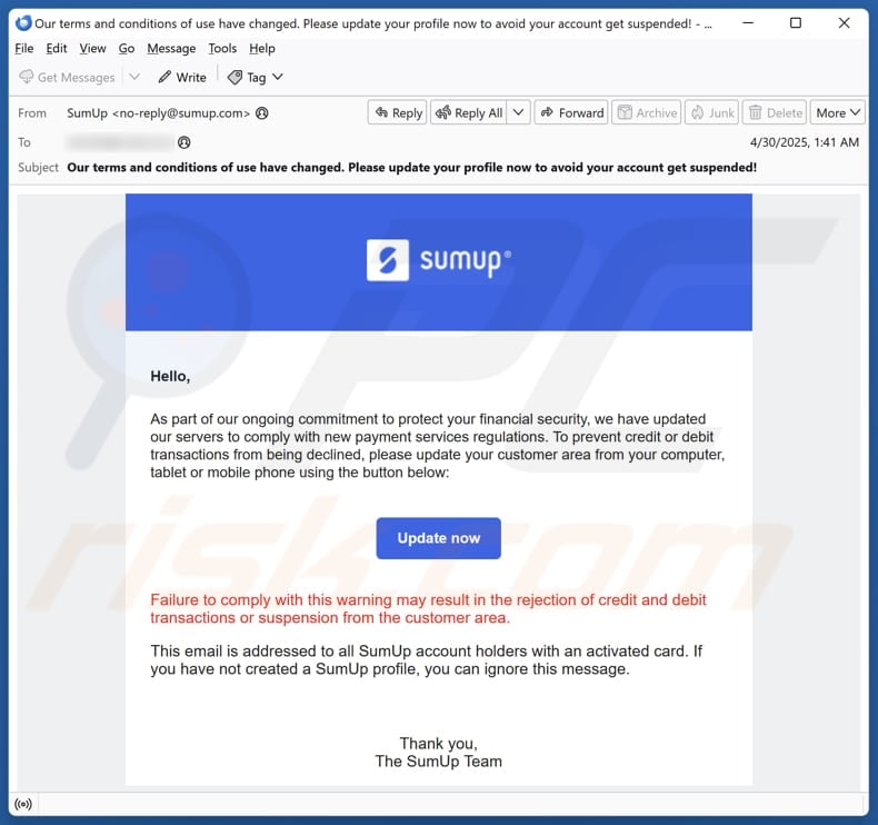 SumUp - Update Your Profile email spam campaign
