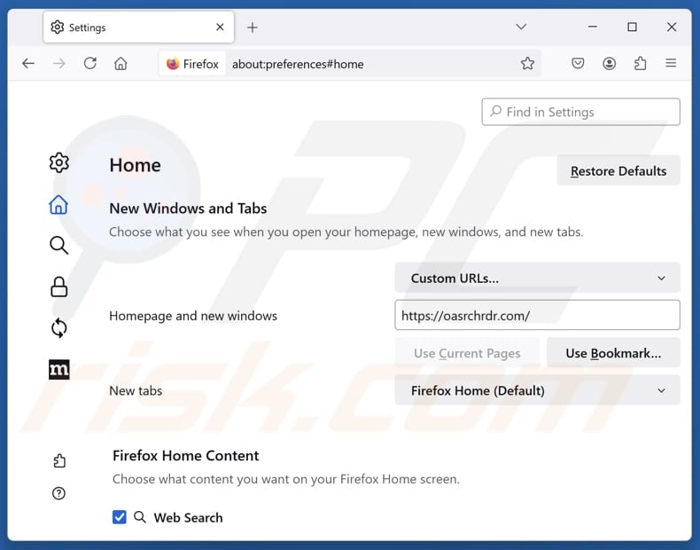 Removing oasrchrdr.com from Mozilla Firefox homepage