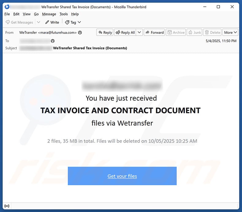 Tax Invoice And Contract Document Via WeTransfer email spam campaign