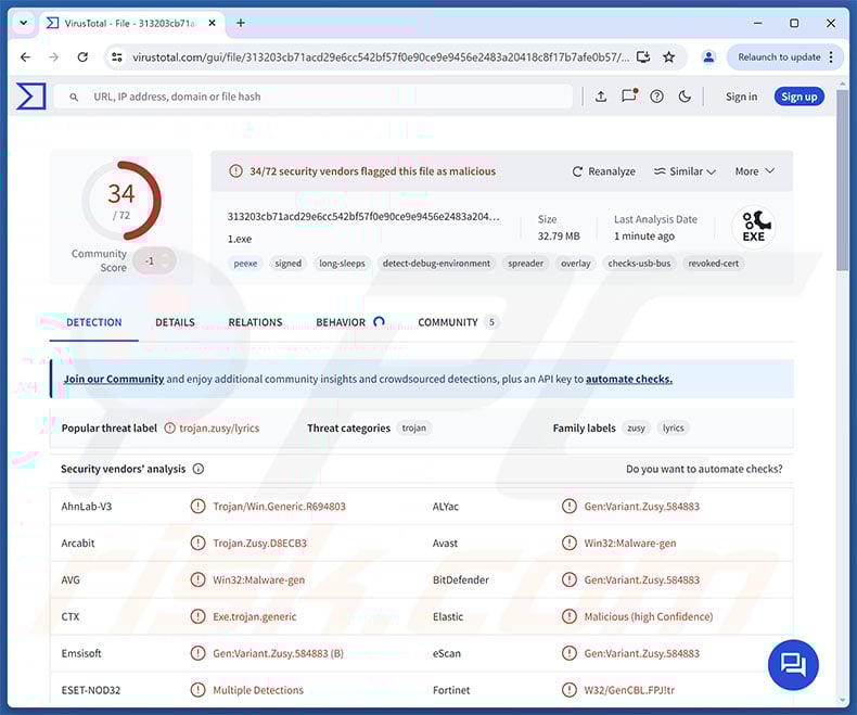 TerraStealerV2 malware detections on VirusTotal