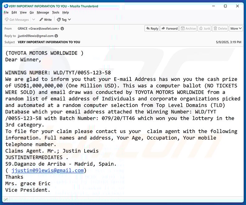 Toyota Lottery email scam (2025-05-14)