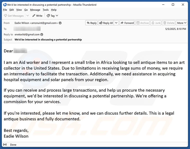 Transaction Intermediary email spam campaign