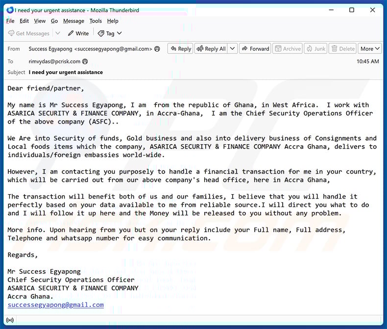 Transaction Intermediary email scam (2025-05-09)