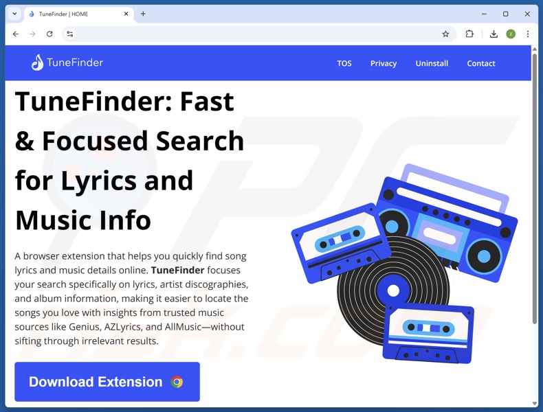 Website promoting TuneFinder adware