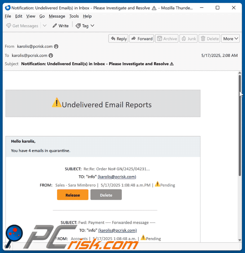 Undelivered Email Reports scam appearance (GIF)
