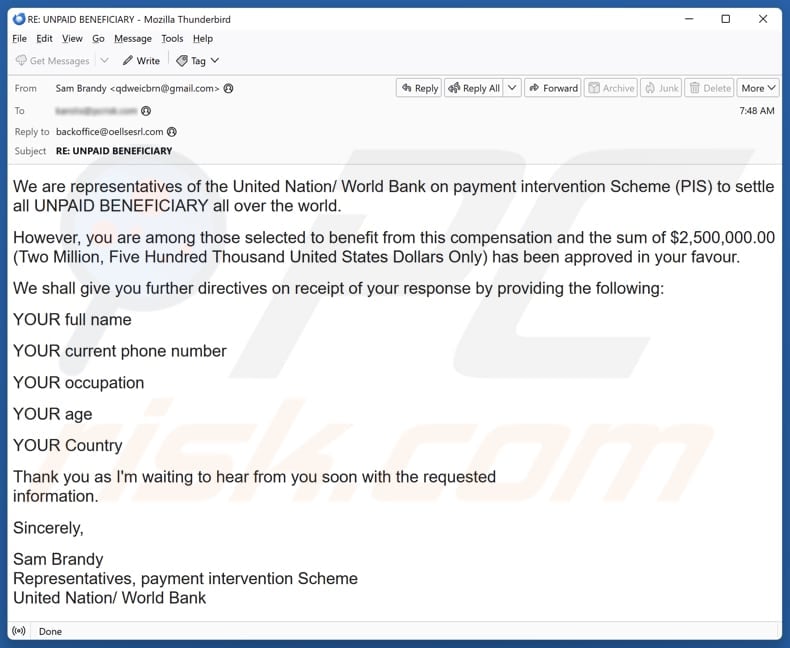 United Nation/World Bank - Unpaid Beneficiary email spam campaign