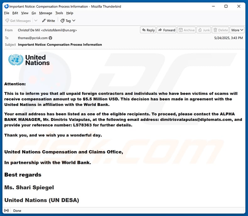 United Nations - Scam Victim Compensation email scam (2025-05-29)