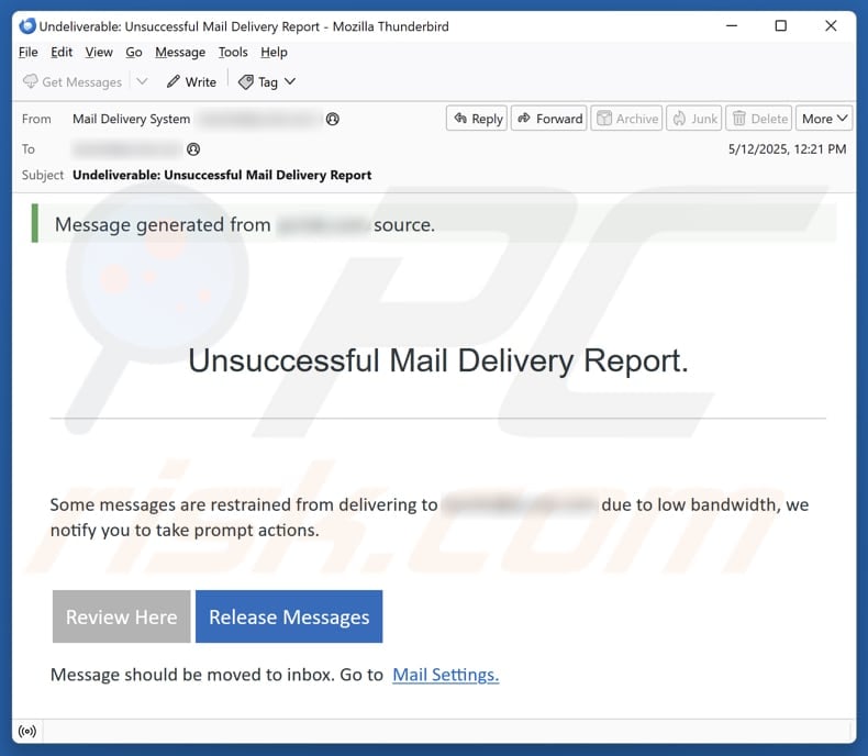 Unsuccessful Mail Delivery Report email spam campaign