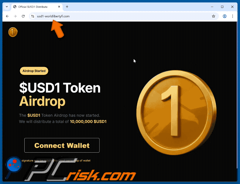 Appearance of $USD1 Token Airdrop scam (GIF)