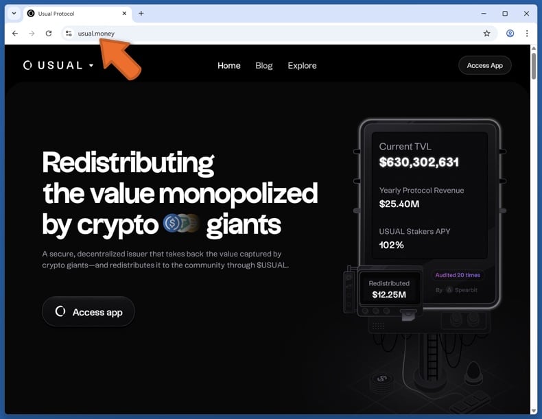 Appearance of the real Usual protocol website (usual.money)