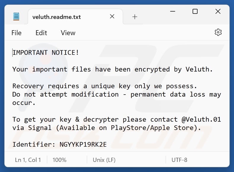 ransom note created by another Veluth ransomware (veluth.readme.txt)