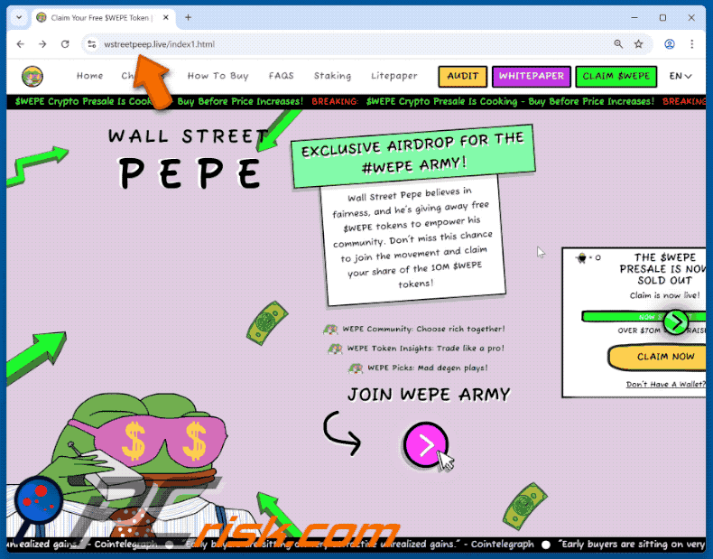 Appearance of Wall Street Pepe ($WEPE) airdrop scam (GIF)