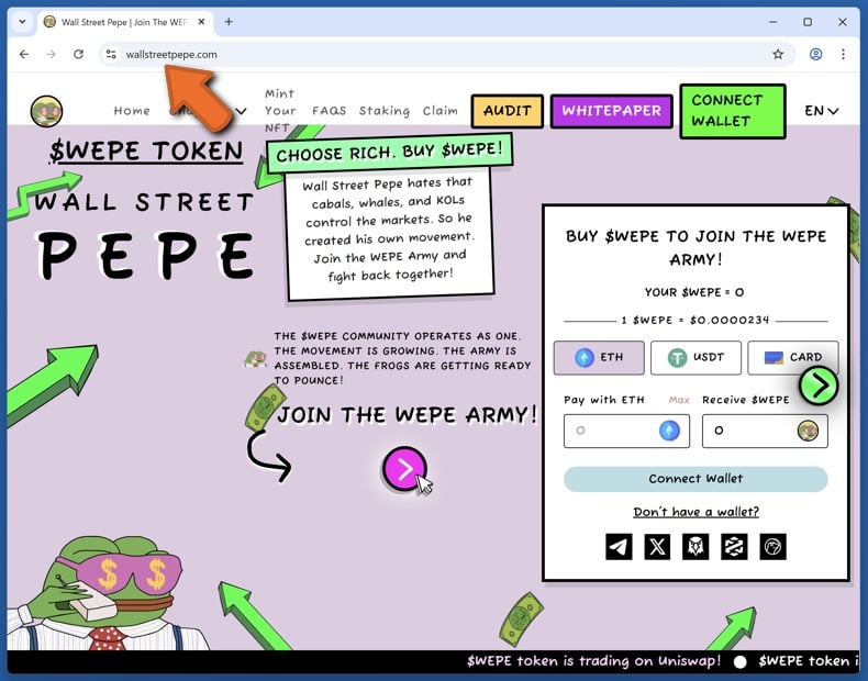 Appearance of the real Wall Street Pepe token website (wallstreetpepe.com)