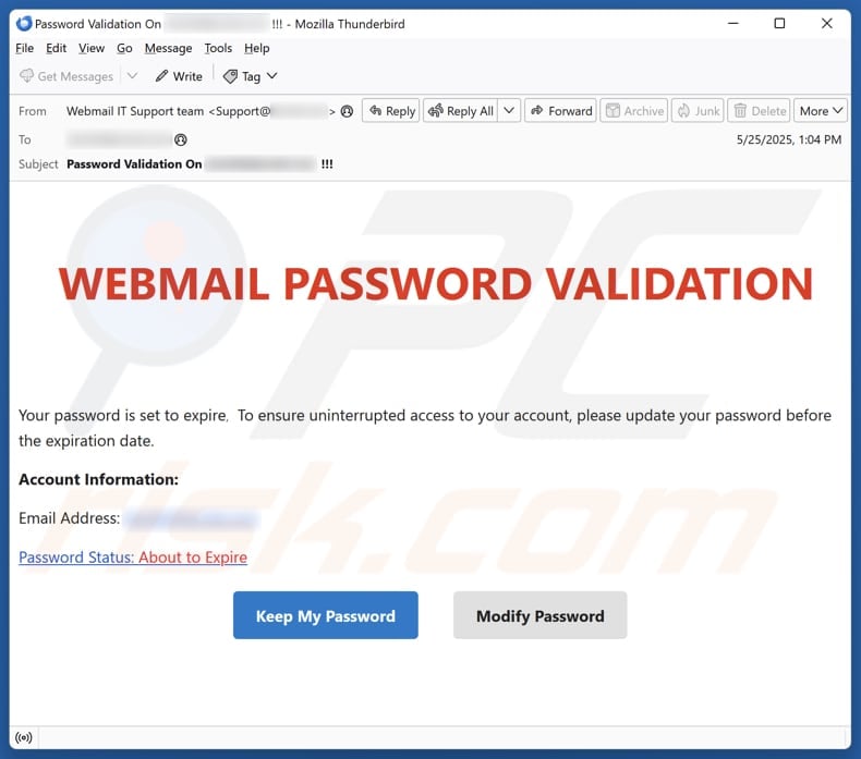 Webmail Password Validation email spam campaign