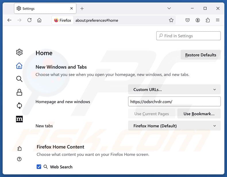 Removing odsrchrdr.com from Mozilla Firefox homepage