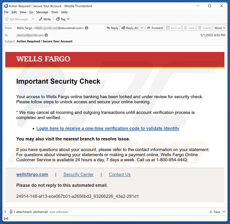 Wells Fargo - Important Security Check email spam campaign