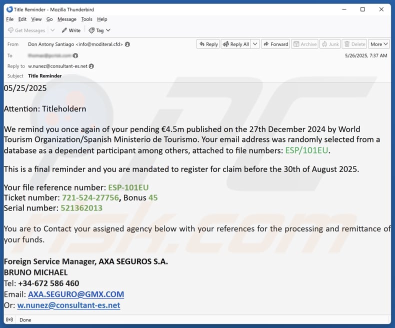 World Tourism Organization email spam campaign