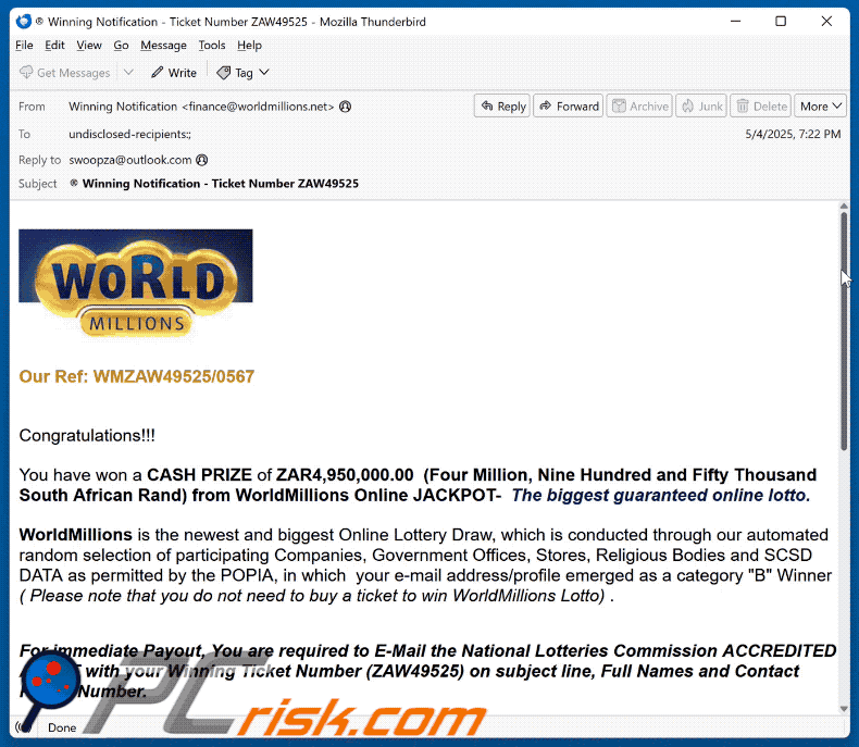 WorldMillions Lotto Email Scam appearance